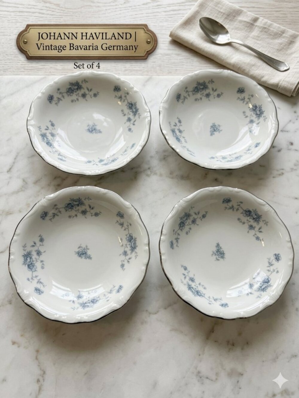 Vintage Johann Haviland Blue Garland Dessert Bowls Set of 4 Bavaria Germany Chic